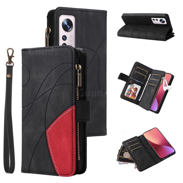 Luxury Two-color Stitching Multi-function Zipper Leather Wallet Case Cover for Xiaomi Mi 12 - Black