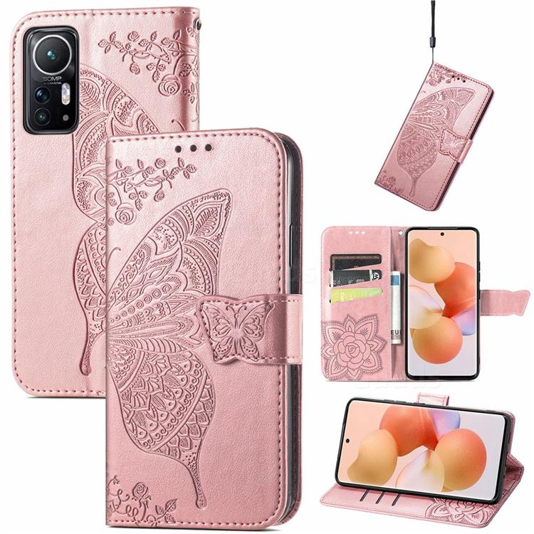 Embossing Mandala Flower Butterfly Leather Wallet Case for Xiaomi Mi 12 - Rose Gold