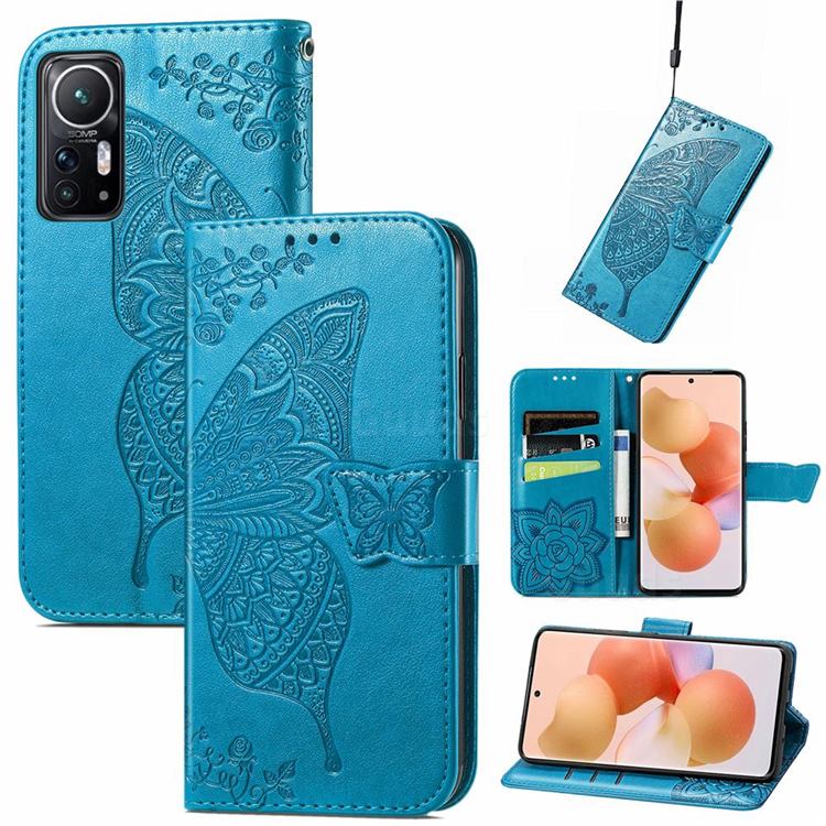 Embossing Mandala Flower Butterfly Leather Wallet Case for Xiaomi Mi 12 - Blue
