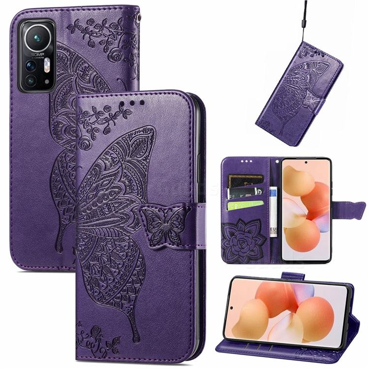 Embossing Mandala Flower Butterfly Leather Wallet Case for Xiaomi Mi 12 - Dark Purple