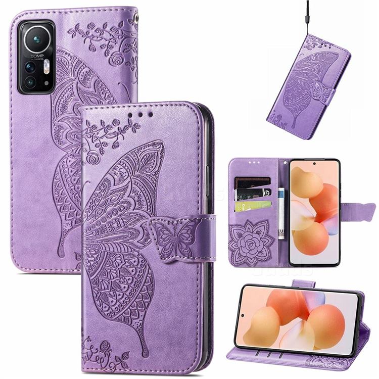 Embossing Mandala Flower Butterfly Leather Wallet Case for Xiaomi Mi 12 - Light Purple