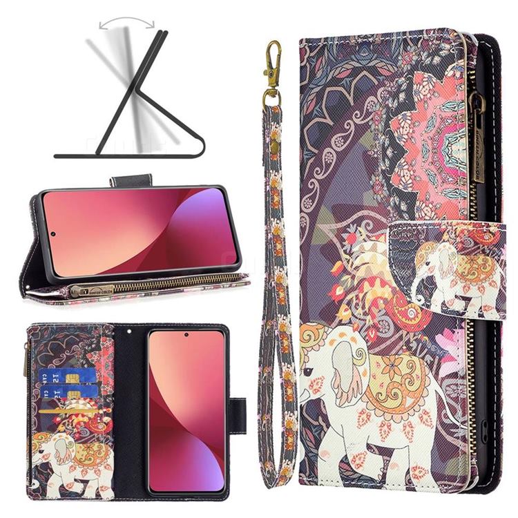 Totem Flower Elephant Binfen Color BF03 Retro Zipper Leather Wallet Phone Case for Xiaomi Mi 12