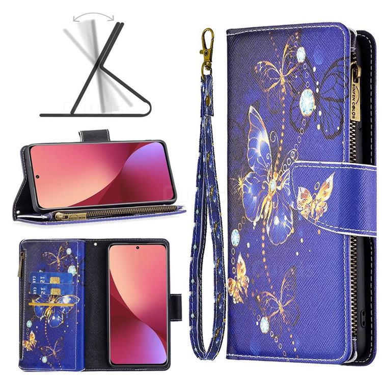 Purple Butterfly Binfen Color BF03 Retro Zipper Leather Wallet Phone Case for Xiaomi Mi 12