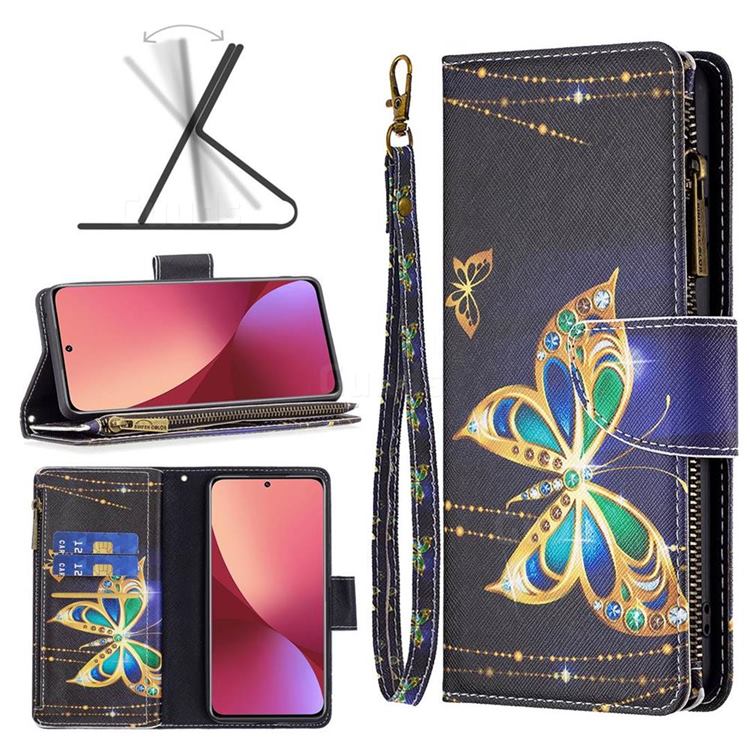 Golden Shining Butterfly Binfen Color BF03 Retro Zipper Leather Wallet Phone Case for Xiaomi Mi 12