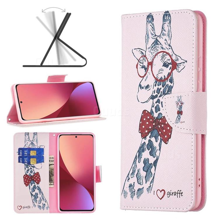 Glasses Giraffe Leather Wallet Case for Xiaomi Mi 12