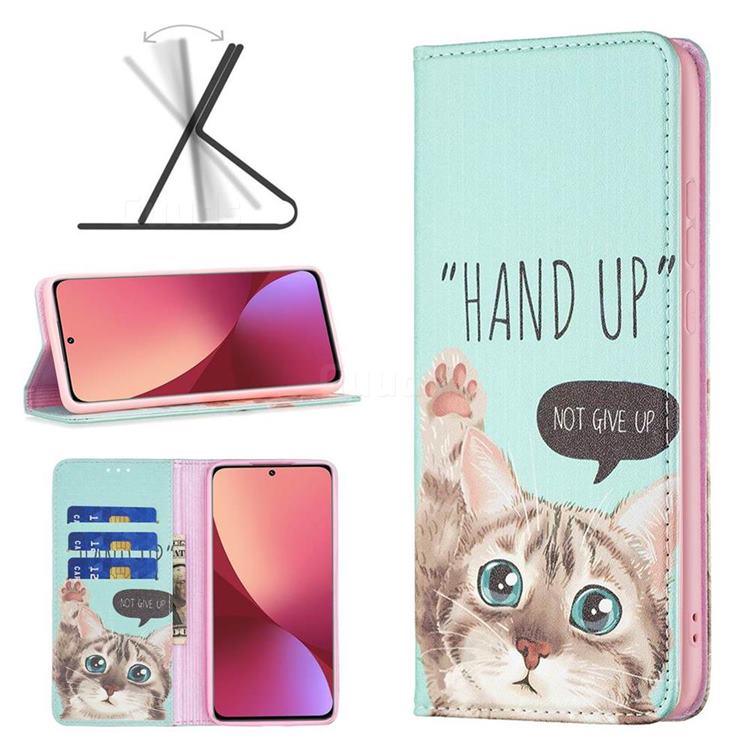 Hand Up Cat Slim Magnetic Attraction Wallet Flip Cover for Xiaomi Mi 12