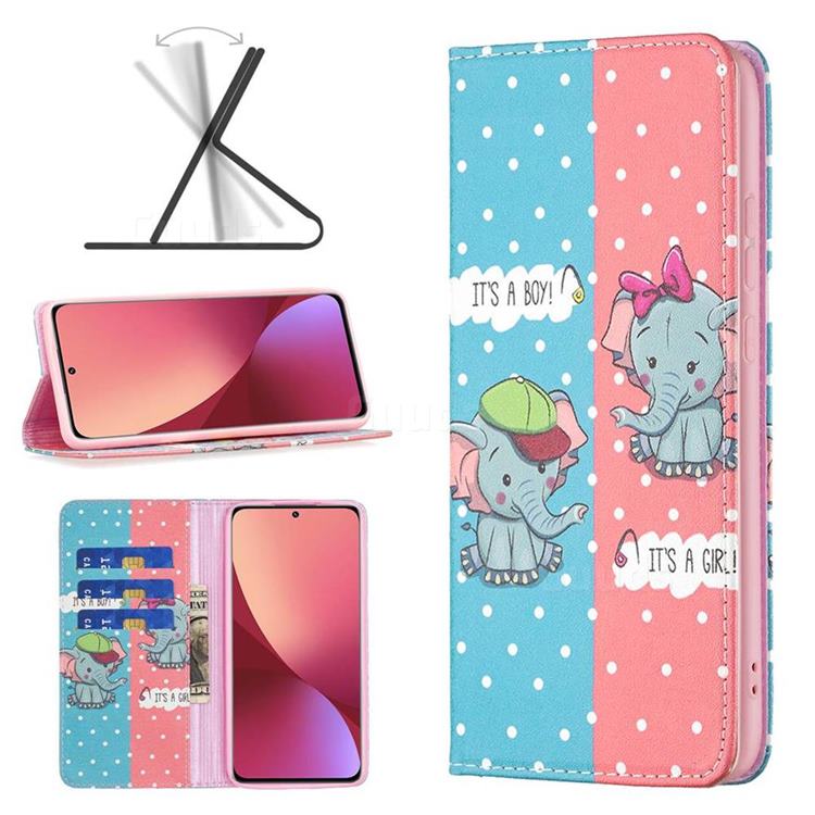 Elephant Boy and Girl Slim Magnetic Attraction Wallet Flip Cover for Xiaomi Mi 12