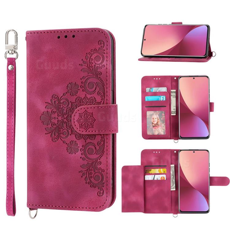 Skin Feel Embossed Lace Flower Multiple Card Slots Leather Wallet Phone Case for Xiaomi Mi 12 - Claret Red