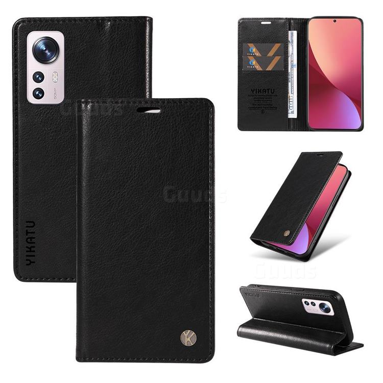 YIKATU Litchi Card Magnetic Automatic Suction Leather Flip Cover for Xiaomi Mi 12 - Black