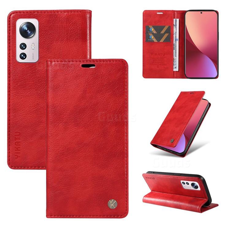 YIKATU Litchi Card Magnetic Automatic Suction Leather Flip Cover for Xiaomi Mi 12 - Bright Red