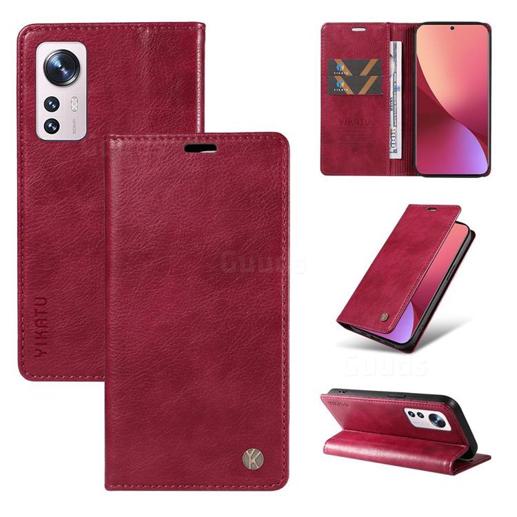 YIKATU Litchi Card Magnetic Automatic Suction Leather Flip Cover for Xiaomi Mi 12 - Wine Red