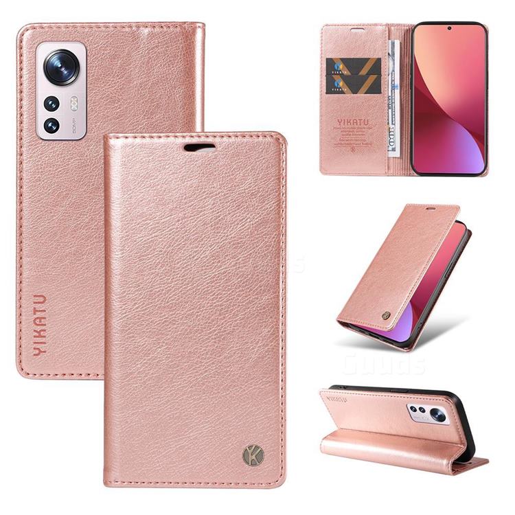 YIKATU Litchi Card Magnetic Automatic Suction Leather Flip Cover for Xiaomi Mi 12 - Rose Gold