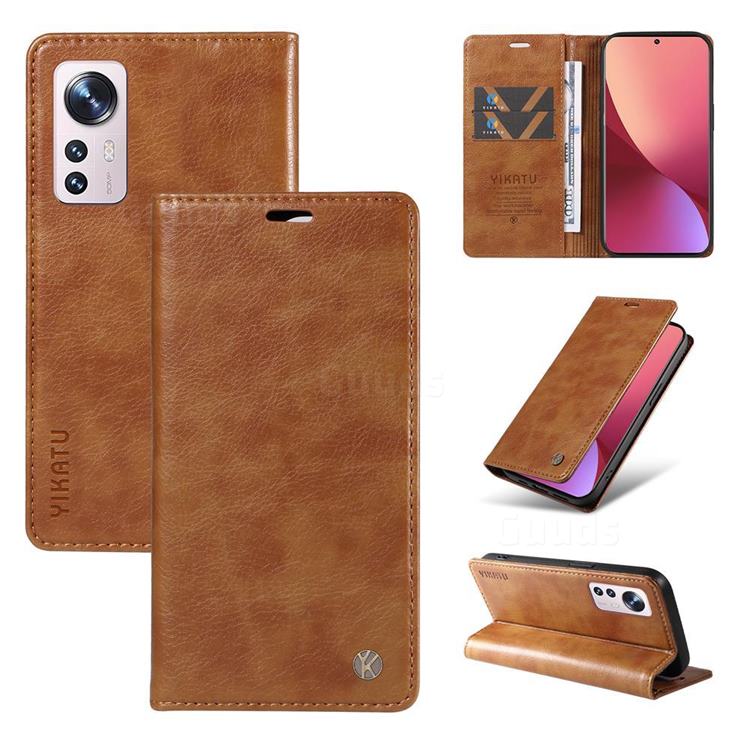 YIKATU Litchi Card Magnetic Automatic Suction Leather Flip Cover for Xiaomi Mi 12 - Brown