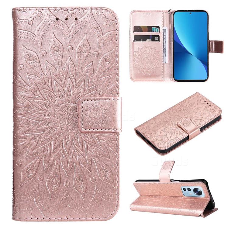 Embossing Sunflower Leather Wallet Case for Xiaomi Mi 12 Lite - Rose Gold