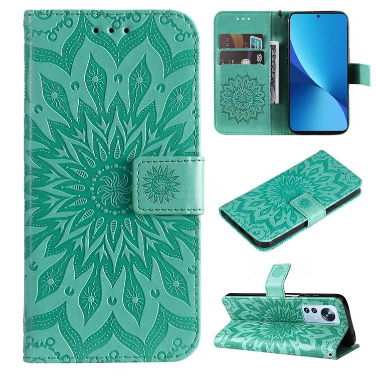 Embossing Sunflower Leather Wallet Case for Xiaomi Mi 12 Lite - Green