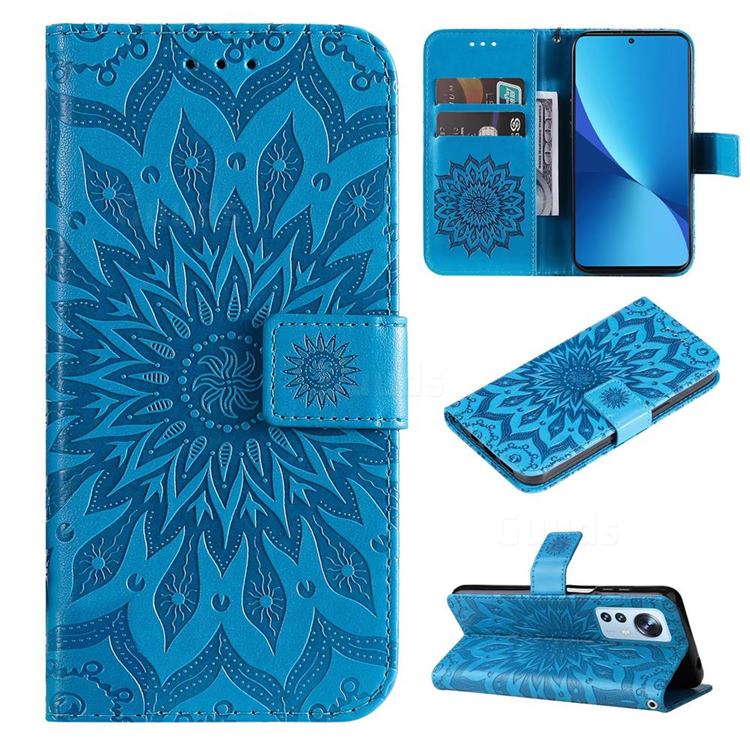 Embossing Sunflower Leather Wallet Case for Xiaomi Mi 12 Lite - Blue