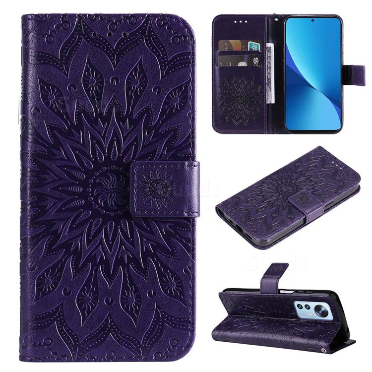 Embossing Sunflower Leather Wallet Case for Xiaomi Mi 12 Lite - Purple