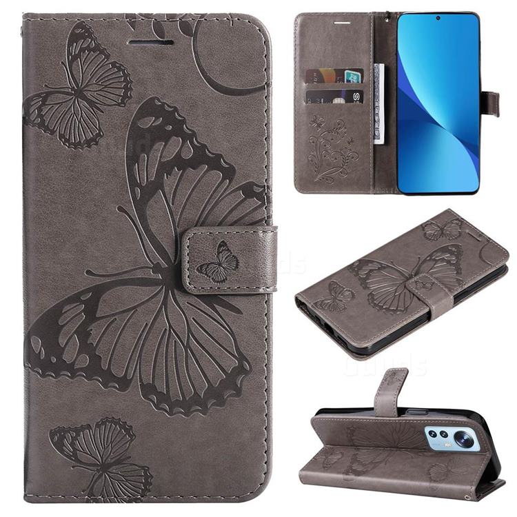 Embossing 3D Butterfly Leather Wallet Case for Xiaomi Mi 12 Lite - Gray