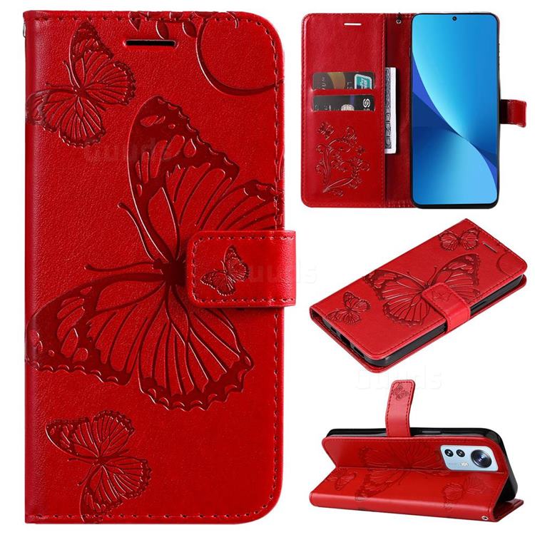 Embossing 3D Butterfly Leather Wallet Case for Xiaomi Mi 12 Lite - Red