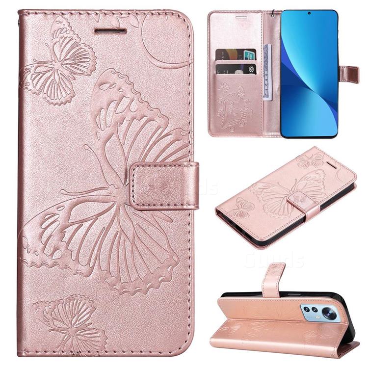 Embossing 3D Butterfly Leather Wallet Case for Xiaomi Mi 12 Lite - Rose Gold