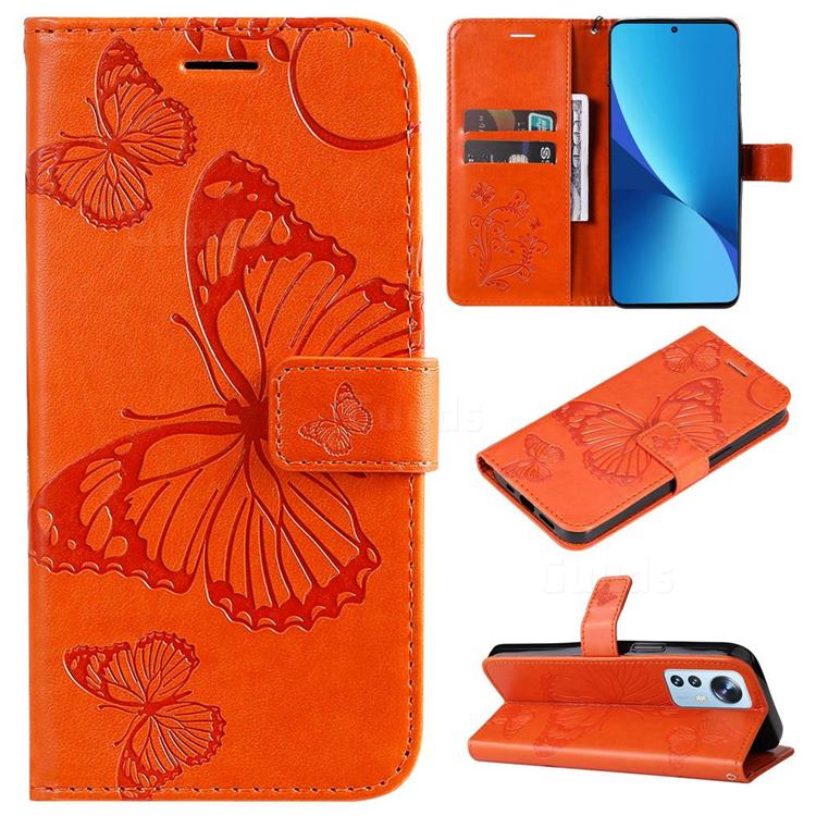 Embossing 3D Butterfly Leather Wallet Case for Xiaomi Mi 12 Lite - Orange