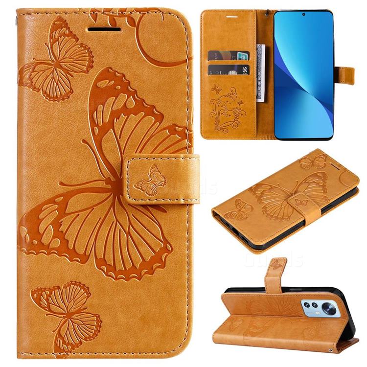 Embossing 3D Butterfly Leather Wallet Case for Xiaomi Mi 12 Lite - Yellow
