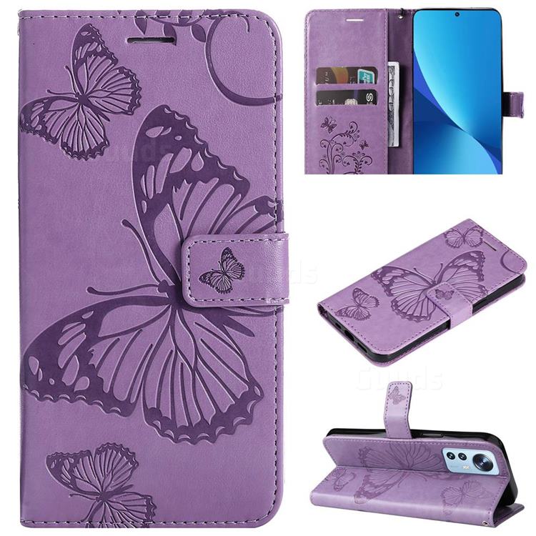 Embossing 3D Butterfly Leather Wallet Case for Xiaomi Mi 12 Lite - Purple