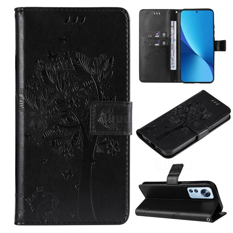 Embossing Butterfly Tree Leather Wallet Case for Xiaomi Mi 12 Lite - Black