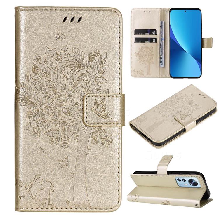 Embossing Butterfly Tree Leather Wallet Case for Xiaomi Mi 12 Lite - Champagne