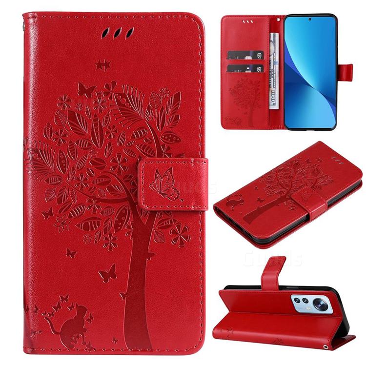 Embossing Butterfly Tree Leather Wallet Case for Xiaomi Mi 12 Lite - Red