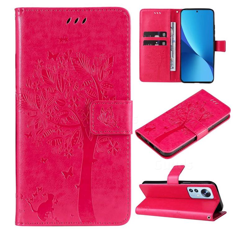 Embossing Butterfly Tree Leather Wallet Case for Xiaomi Mi 12 Lite - Rose