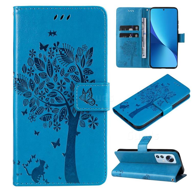 Embossing Butterfly Tree Leather Wallet Case for Xiaomi Mi 12 Lite - Blue