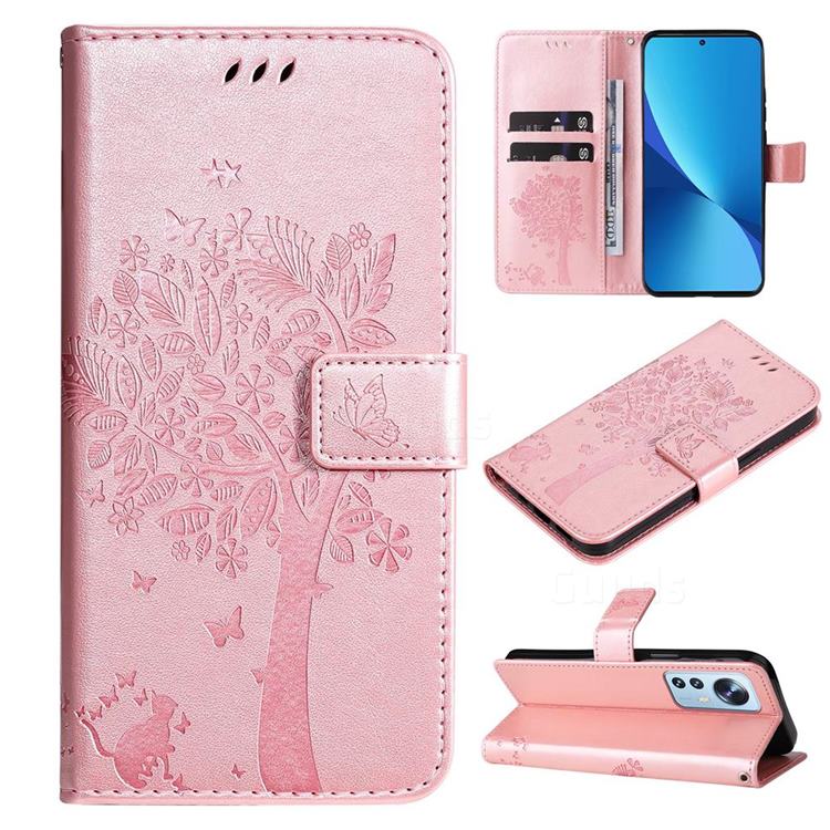 Embossing Butterfly Tree Leather Wallet Case for Xiaomi Mi 12 Lite - Rose Pink