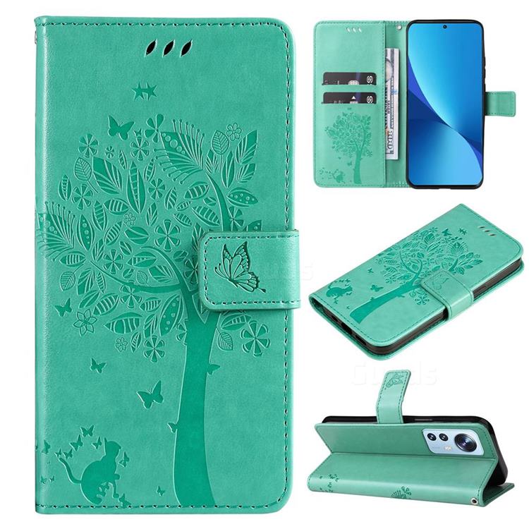 Embossing Butterfly Tree Leather Wallet Case for Xiaomi Mi 12 Lite - Cyan