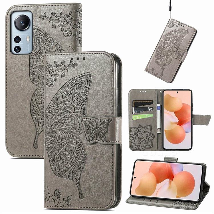 Embossing Mandala Flower Butterfly Leather Wallet Case for Xiaomi Mi 12 Lite - Gray
