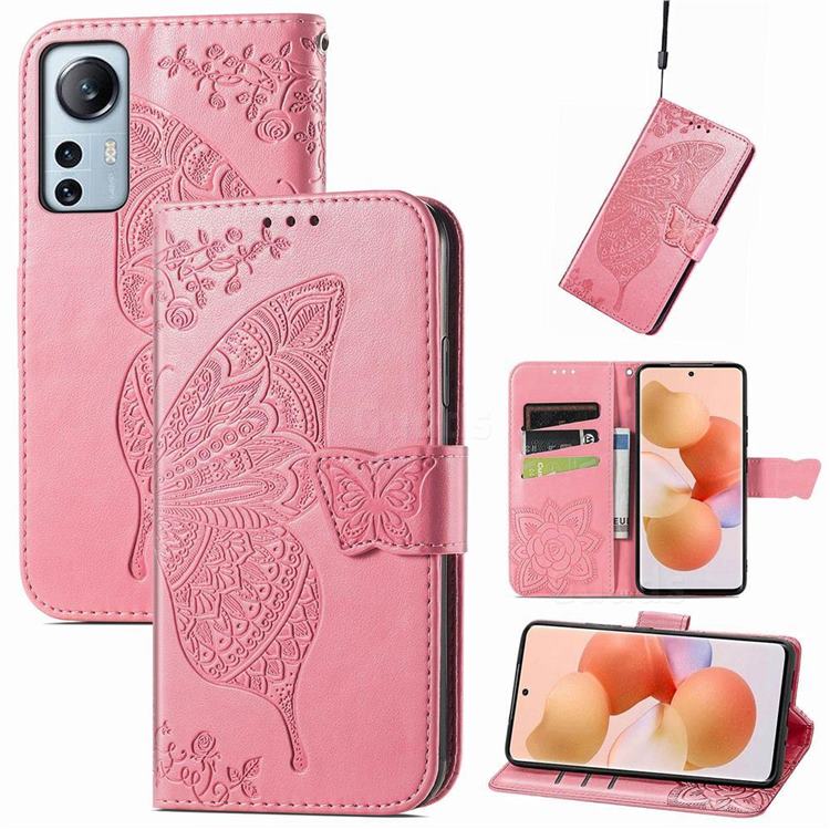 Embossing Mandala Flower Butterfly Leather Wallet Case for Xiaomi Mi 12 Lite - Pink
