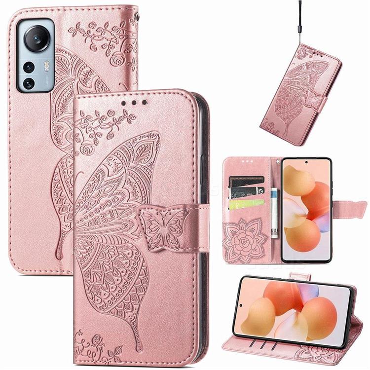 Embossing Mandala Flower Butterfly Leather Wallet Case for Xiaomi Mi 12 Lite - Rose Gold