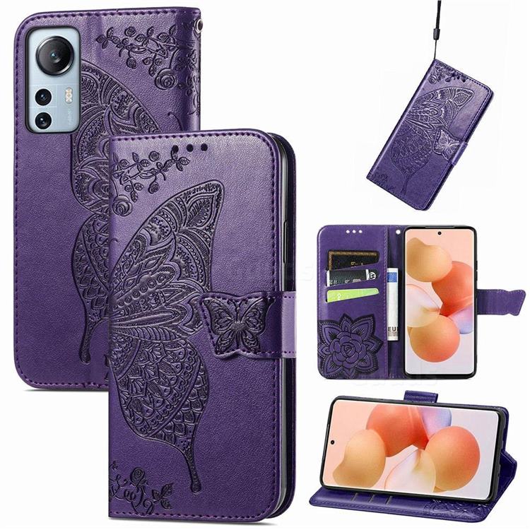 Embossing Mandala Flower Butterfly Leather Wallet Case for Xiaomi Mi 12 Lite - Dark Purple