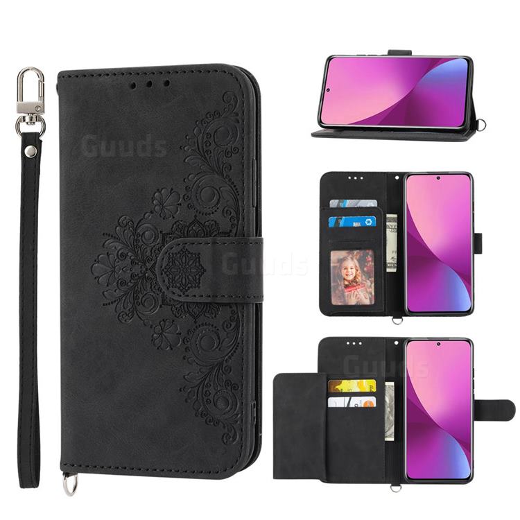 Skin Feel Embossed Lace Flower Multiple Card Slots Leather Wallet Phone Case for Xiaomi Mi 12 Lite - Black