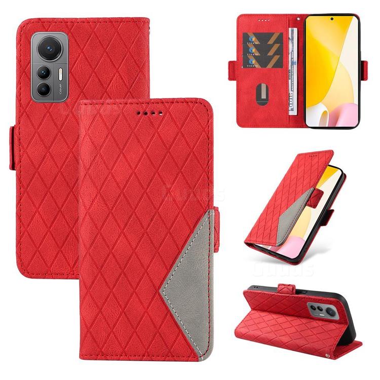 Grid Pattern Splicing Protective Wallet Case Cover for Xiaomi Mi 12 Lite - Red