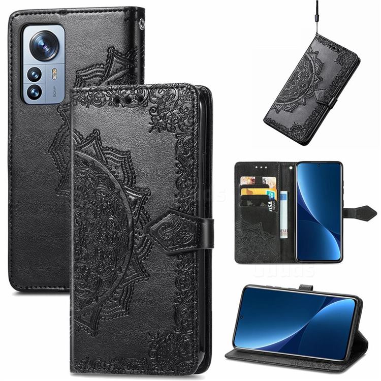Embossing Imprint Mandala Flower Leather Wallet Case for Xiaomi Mi 12 Pro - Black