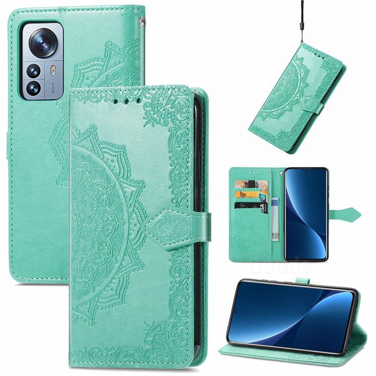 Embossing Imprint Mandala Flower Leather Wallet Case for Xiaomi Mi 12 Pro - Green