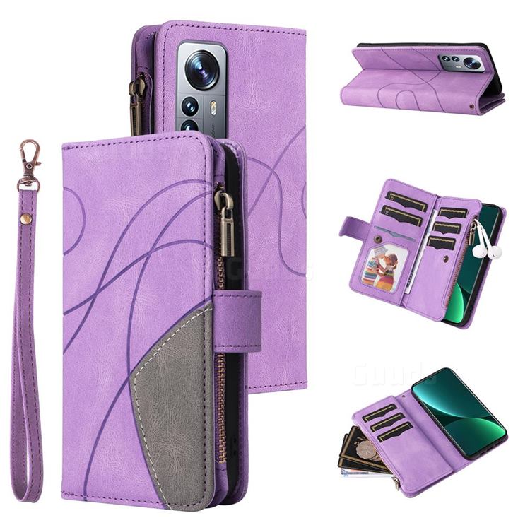 Luxury Two-color Stitching Multi-function Zipper Leather Wallet Case Cover for Xiaomi Mi 12 Pro - Purple
