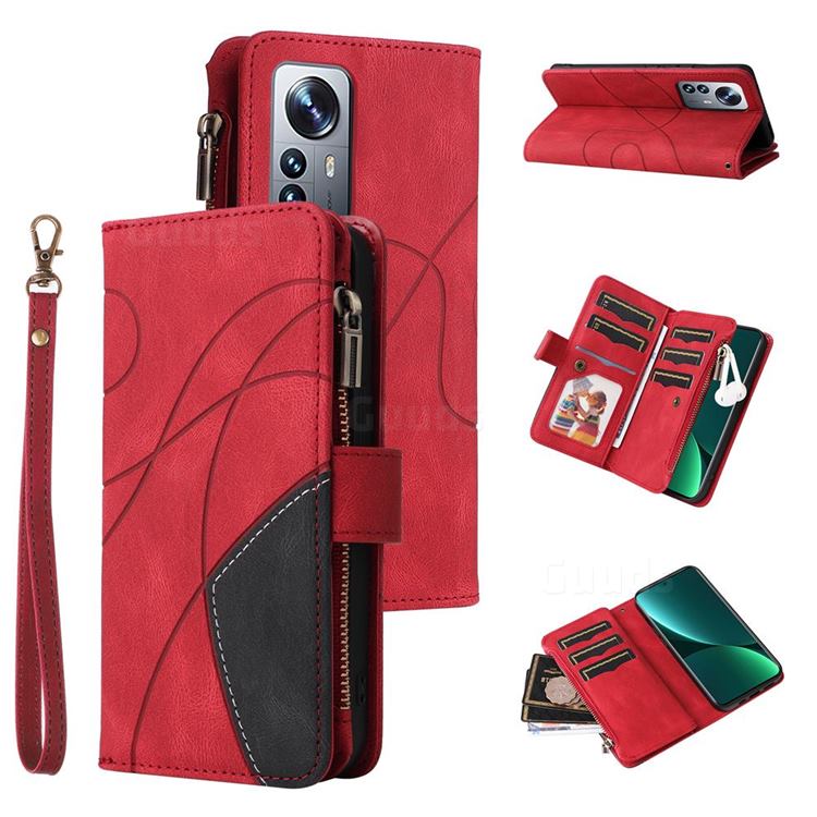 Luxury Two-color Stitching Multi-function Zipper Leather Wallet Case Cover for Xiaomi Mi 12 Pro - Red