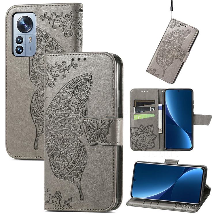 Embossing Mandala Flower Butterfly Leather Wallet Case for Xiaomi Mi 12 Pro - Gray