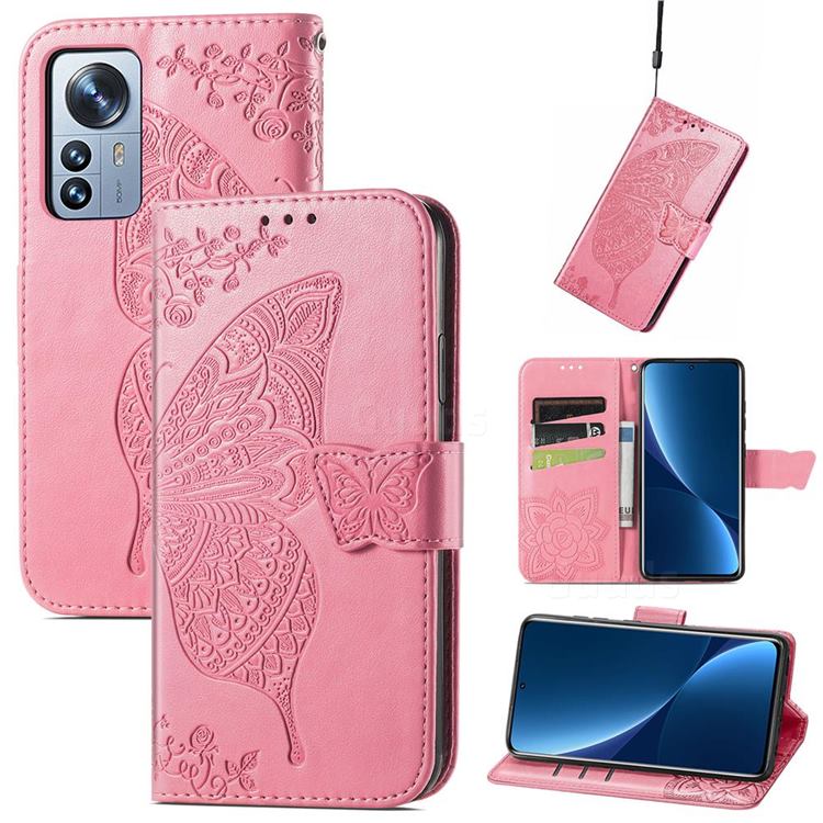 Embossing Mandala Flower Butterfly Leather Wallet Case for Xiaomi Mi 12 Pro - Pink
