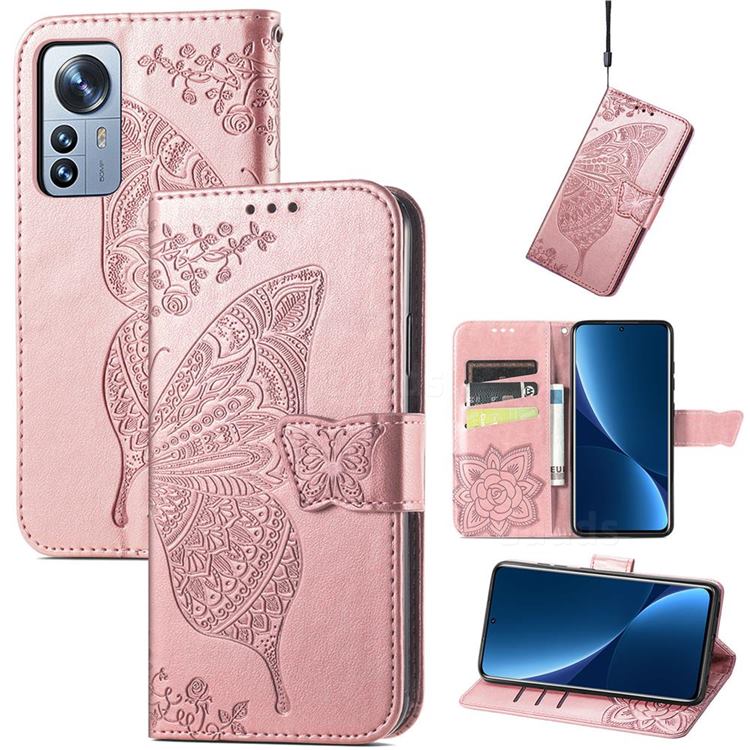 Embossing Mandala Flower Butterfly Leather Wallet Case for Xiaomi Mi 12 Pro - Rose Gold