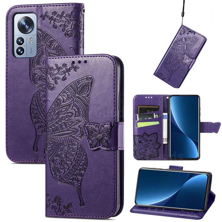 Embossing Mandala Flower Butterfly Leather Wallet Case for Xiaomi Mi 12 Pro - Dark Purple