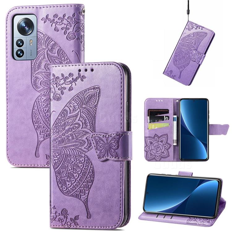 Embossing Mandala Flower Butterfly Leather Wallet Case for Xiaomi Mi 12 Pro - Light Purple