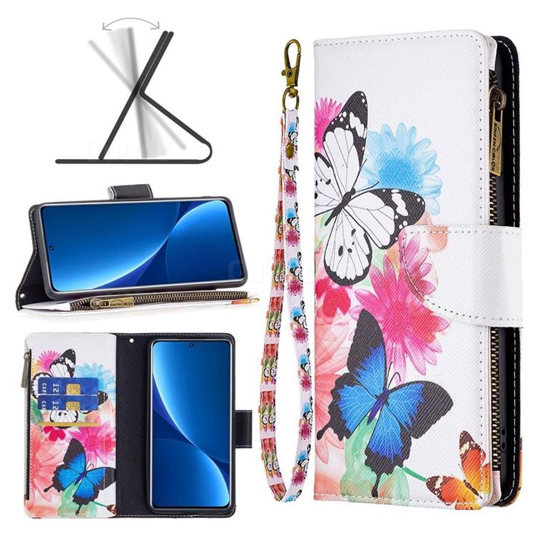 Vivid Flying Butterflies Binfen Color BF03 Retro Zipper Leather Wallet Phone Case for Xiaomi Mi 12 Pro